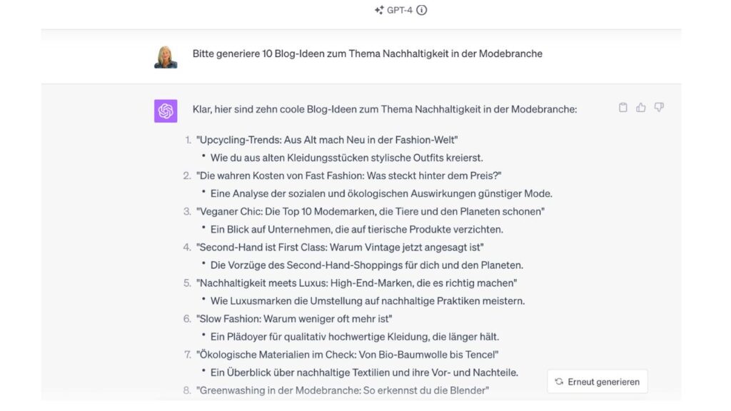 SEO-Marketing mit ChatGPT; Beispiel für Textgenerierung