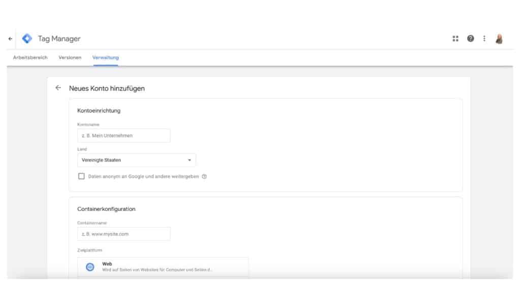 Kontoeröffnung beim Google Tag Manager