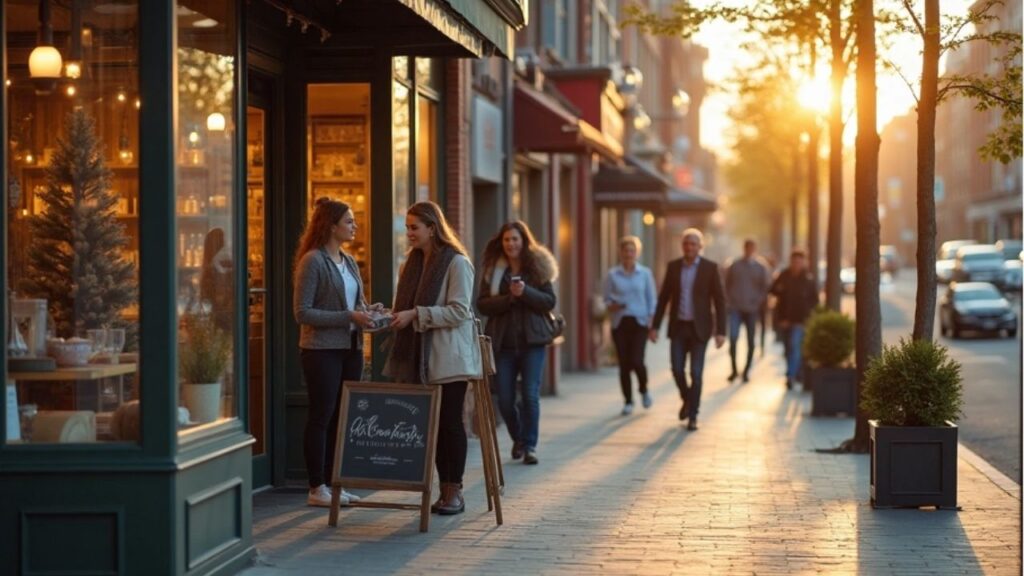 eine gruppe von Leuten läuft durch eine Geschäftsstraße -Lokale Zielgruppenansprache