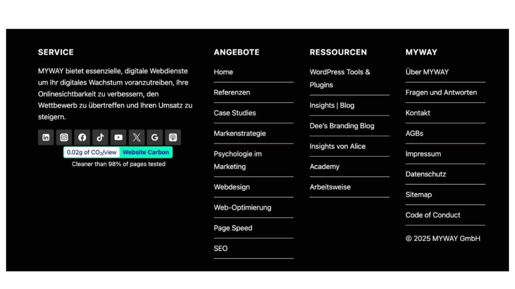 a screenshot of a black and white website -Beispiel für Green Hosting bei MYWAY