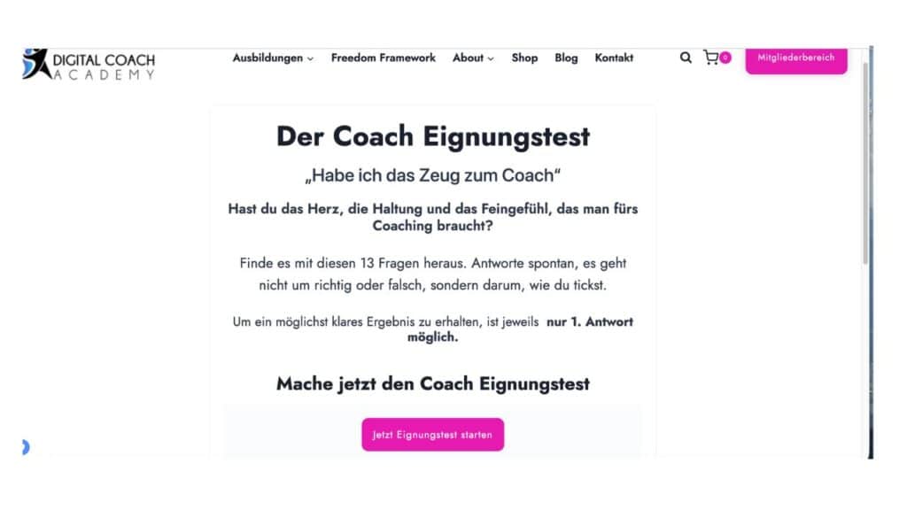 Marketingtrends 2026 - Interaktive Inhalte Beispiel Coach Eignungstest der DCA