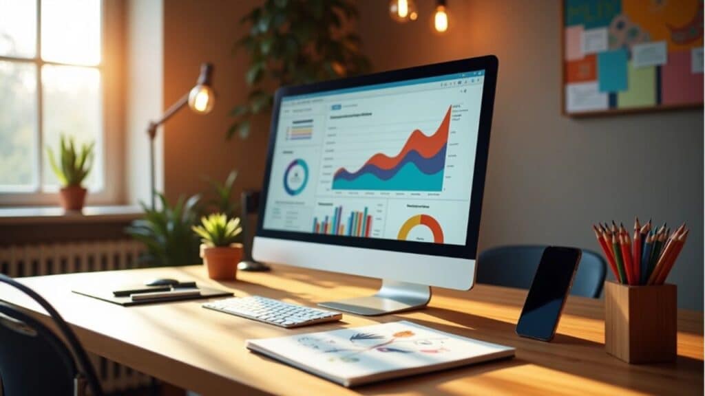 Seo-Strategie für Kreative Schreibtisch mit PC und SEO-Chart
